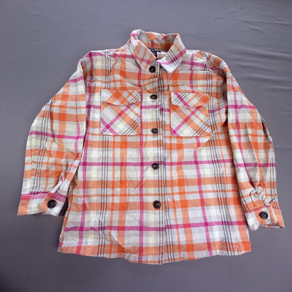Anna Cai Shirt Women Large Orange Plaid Flannel Button Front Long Sleeve Pockets